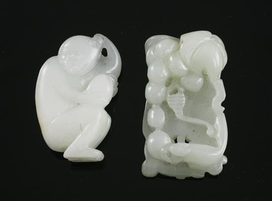 A Chinese white jade figure of a monkey and a pale celadon jade pendant plaque, 19th century, 4.6cm